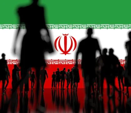 Flag of Iran and backlit crowd, 3d rendering Stock Illustration