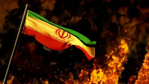 Flag of Iran on burning fire backdrop - hard times concept Stock Illustration