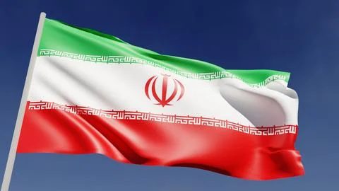 Flag of Iran is flying in the wind on the blue sky. Realistic 3D rendering. Stock Illustration