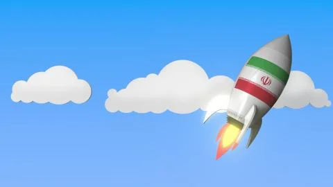Flag of Iran on rocket flying high in the sky. Iranian success or space program Stock-Illustration