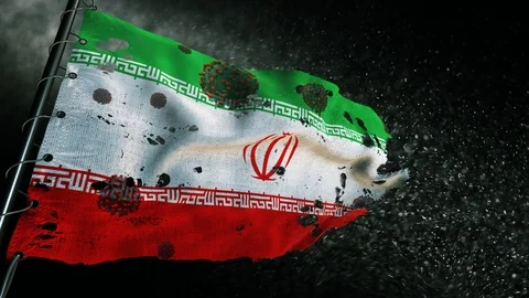 The flag of Iran is torn and marked with the virus of covid-19 . Видео 127197934