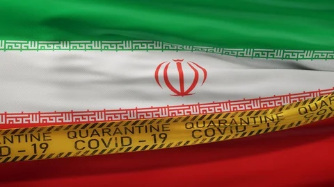 Flag of Iran waving on wind with Covid-19 quarantine tape Video stock 127722717