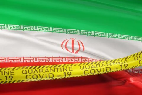 Flag of Iran waving on wind Covid-19 tape quarantine Stock Illustration
