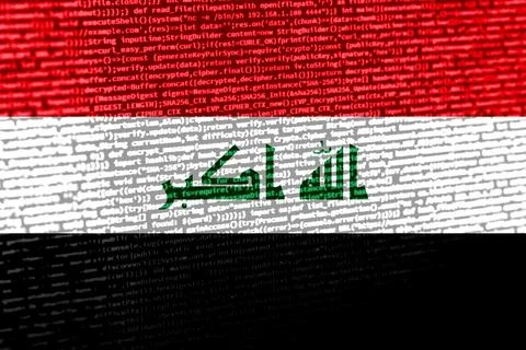 Flag of Iraq over digital code. Concept of cybersecurity, innovation, and d.. Illustration
