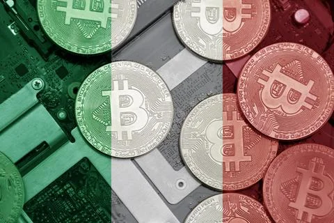 Flag of italy on the bitcoins with computer electronic circuit board backgr.. Stock-Fotos