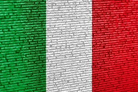 Flag of Italy over digital code. Concept of cybersecurity, innovation, and .. Illustration