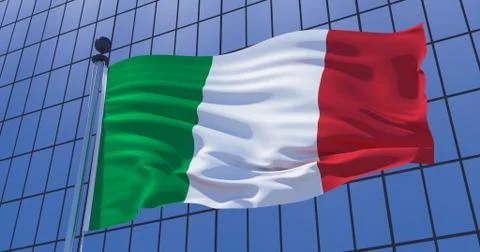 Flag of Italy on skyscraper building background. Business concept. 3d illustr Ilustración de archivo