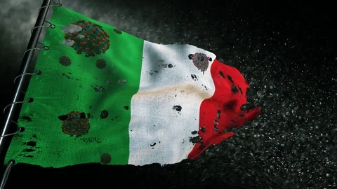 The flag of Italy is torn and marked with the virus of covid-19 . Vídeo Stock 127198089