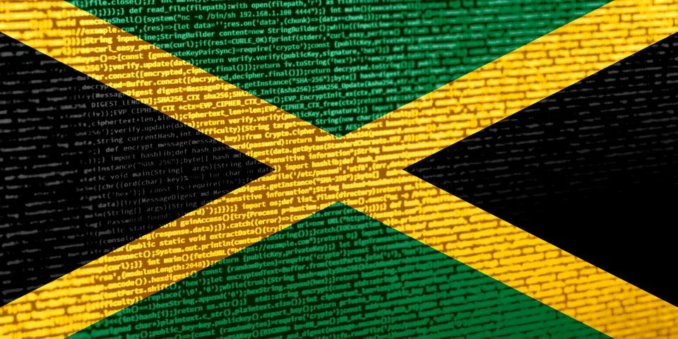Flag of Jamaica over digital code. Concept of cybersecurity, innovation, an.. Illustration