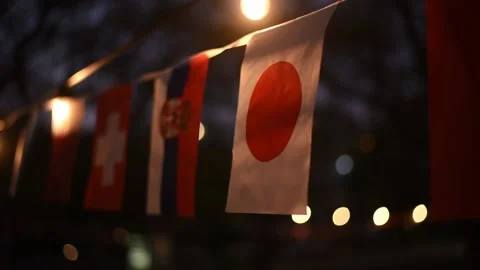 Flag of Japan and flags of another countries fluttering in wind in night Stock Footage 221973614