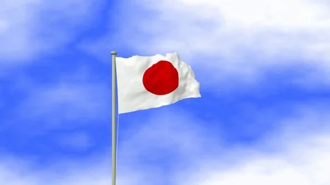 Flag of Japan waving in the wind with pole and blue sky background Stock Footage 124942894