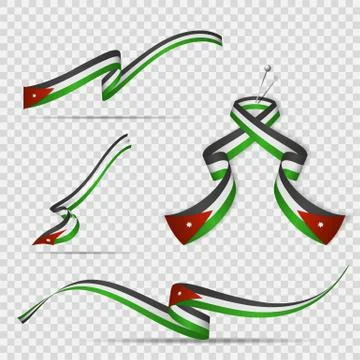Flag of Jordan. 25th of May. Set of realistic wavy ribbons in colors of Stock Illustration