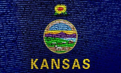 Flag of Kansas over digital code. Concept of cybersecurity, innovation, and.. Illustration