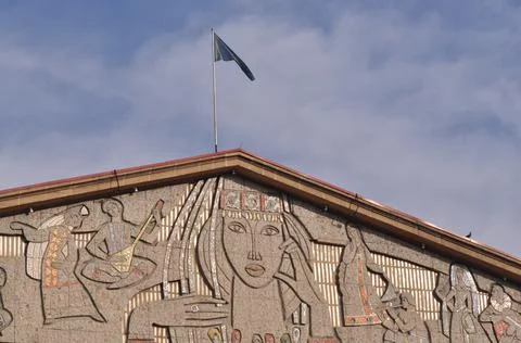 The flag of Kazakhstan develops in the wind Stock Photos