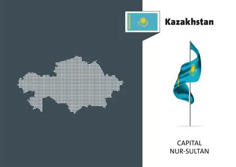 Flag of Kazakhstan on white background. Dotted map of Kazakhstan Stock Illustration