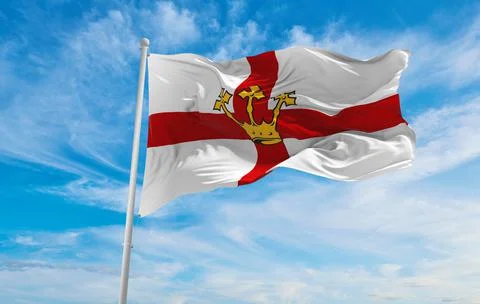 Flag of Koblenz at cloudy sky background on sunset, panoramic view. Federal R Stock Illustration