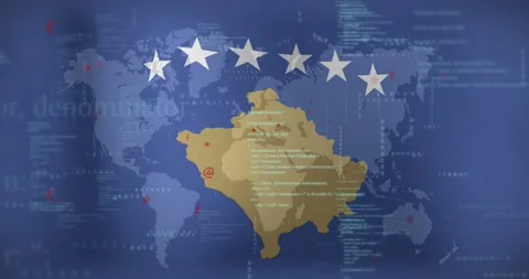 Flag of Kosovo with data processing animation over world undefined background Stock Footage 326409780