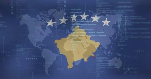 Flag of Kosovo with data processing image over world undefined background 스톡 사진
