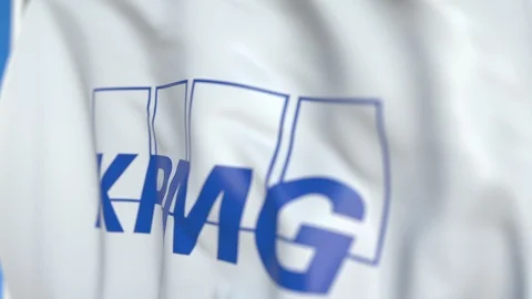 Flag with KPMG logo, close-up. Editorial 3D rendering Stock Footage