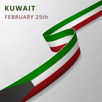 Flag of Kuwait. 25th of February. Vector illustration. Wavy ribbon on gray ba Stock Illustration