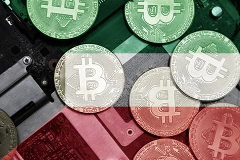 Flag of kuwait on the bitcoins with computer electronic circuit board backgro Stock-Fotos