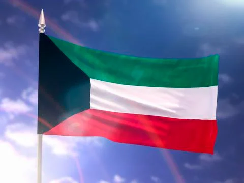 Flag of Kuwait with flare and dark blue sky Stock Illustration