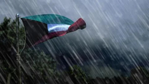 Flag of Kuwait with rain and dark clouds, hard times symbol Stock Illustration