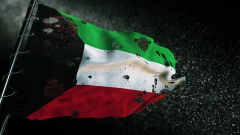 The flag of Kuwait is torn and marked with the virus of covid-19 . 動画素材 127198200