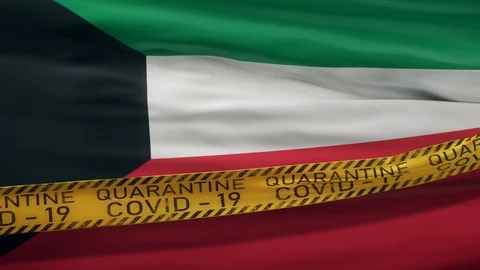 Flag of Kuwait waving on wind with Covid-19 quarantine tape Stock Footage 127723547