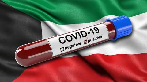 Flag of Kuwait waving in the wind with a positive Covid-19 blood test tube. 3 스톡 일러스트