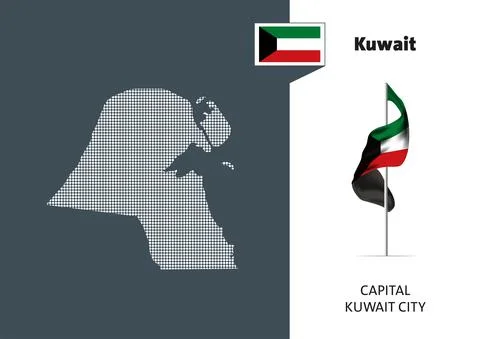 Flag of Kuwait on white background. Dotted map of Kuwait Stock Illustration