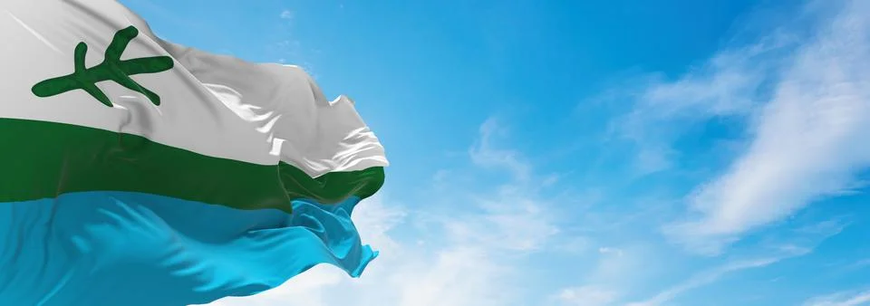 Flag of Labrador , Canada at cloudy sky background on sunset, panoramic view. Stock Illustration