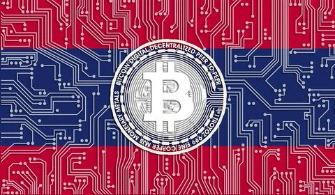 Flag of Laos and bitcoin, Integrated Circuit Board pattern. Bitcoin Stock Gro 스톡 일러스트