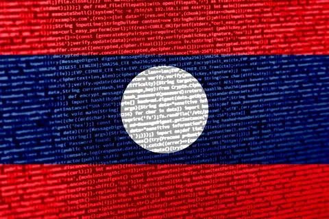 Flag of Laos over digital code. Concept of cybersecurity, innovation, and d.. Illustration
