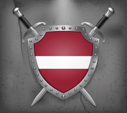 Flag of Latvia. The Shield with National Flag. Two Crossed Swords. Medieval B Stock Illustration