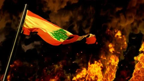 Flag of Lebanon on burning fire backdrop - hard times concept Stock Illustration