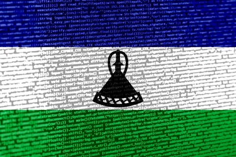 Flag of Lesotho over digital code. Concept of cybersecurity, innovation, an.. Illustration