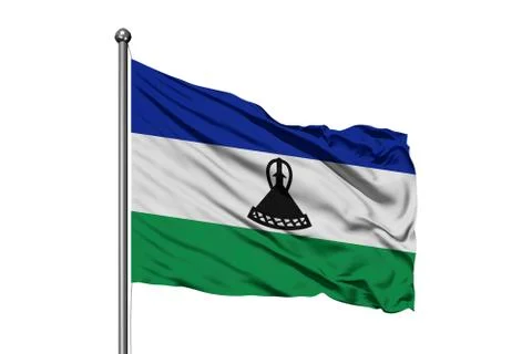 Flag of Lesotho waving in the wind, isolated white background. Kingdom of Les Foto stock