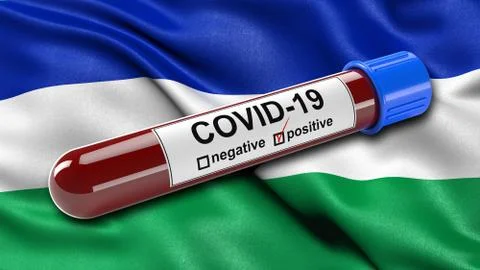 Flag of Lesotho waving in the wind with a positive Covid-19 blood test tube. イラスト素材