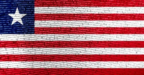 Flag of Liberia over digital code. Concept of cybersecurity, innovation, an.. Illustration