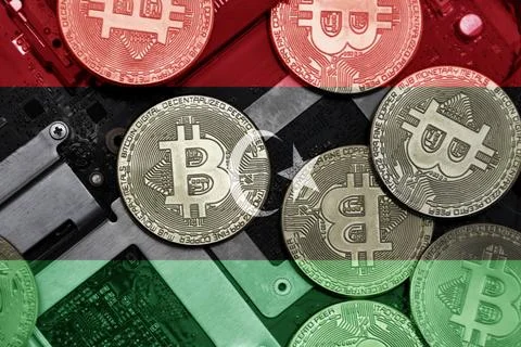 Flag of libya on the bitcoins with computer electronic circuit board backgr.. Stock-Fotos