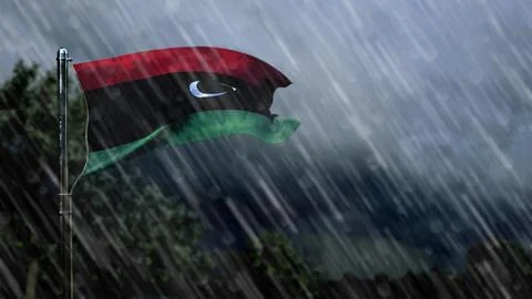 Flag of Libya with rain and dark clouds, storm forecast symbol Stock Illustration