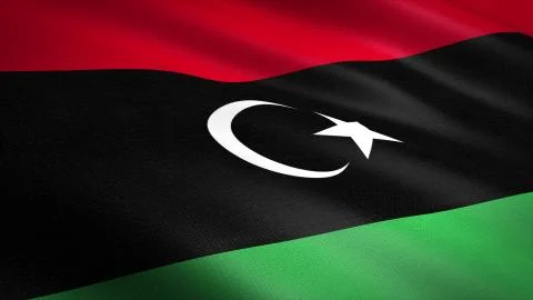 Flag of Libya. Realistic waving flag 3D render illustration with highly detailed Stock Illustration