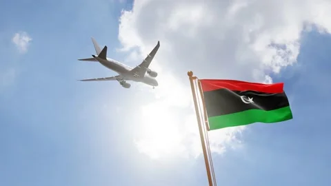 Flag of Libya Waving with Airplane arriving or departing, Realistic Animation Video stock 138220653