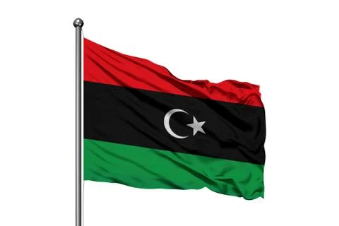 Flag of Libya waving in the wind, isolated white background. Libyan flag. Фото