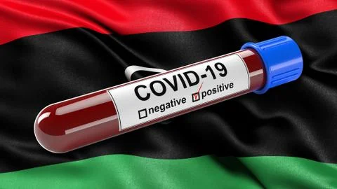 Flag of Libya waving in the wind with a positive Covid-19 blood test tube. 3D イラスト素材