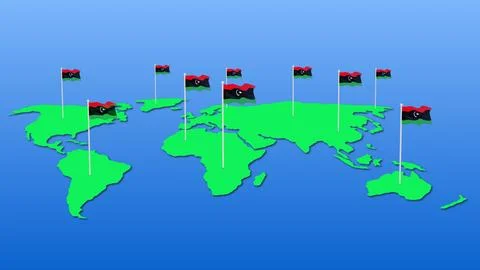 Flag of Libya wavy on earth map Stock Illustration