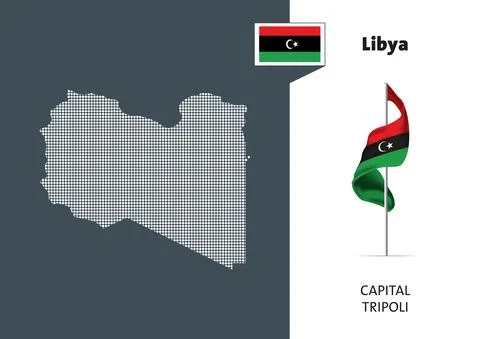 Flag of Libya on white background. Dotted map of Libya with Capital name Stock Illustration