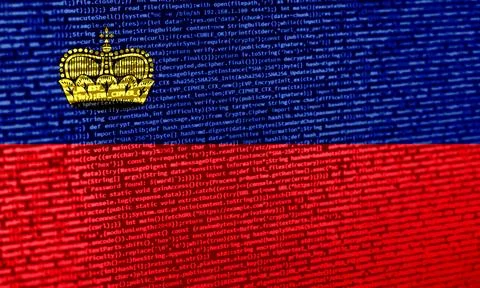 Flag of Liechtenstein over digital code. Concept of cybersecurity, innovati.. Illustration