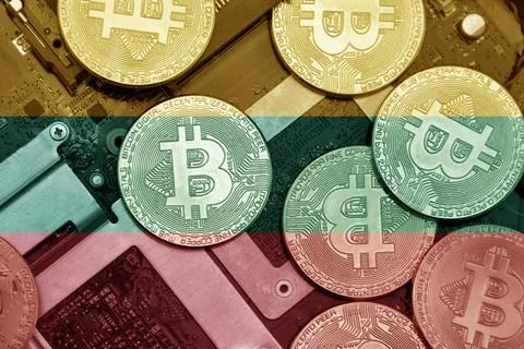 Flag of lithuania on the bitcoins with computer electronic circuit board ba.. Stock Photos